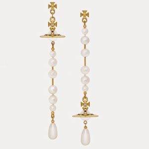 Vivienne Westwood mismatched gold / pearl Orb Logo long earrings